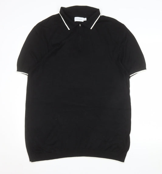 Topman Mens Black XL Knit Zip Collar Polo Shirt Short Sleeve
