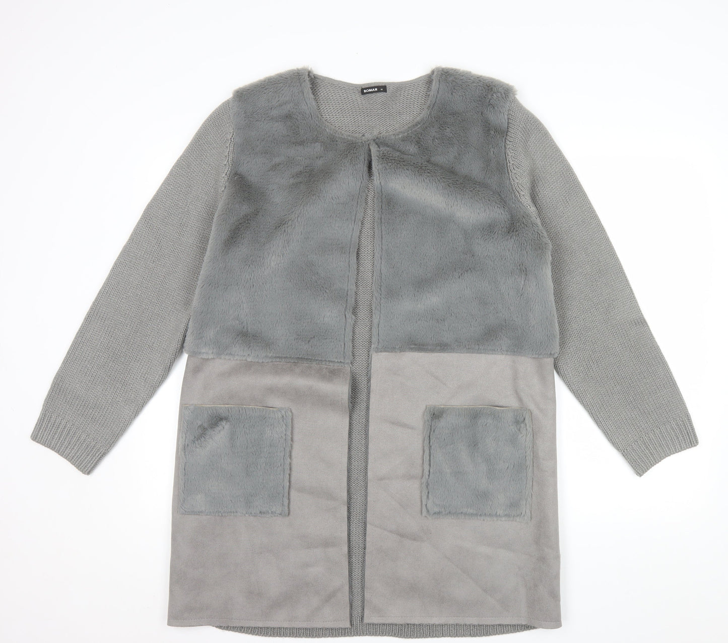 Roman Women Grey Size 14 Faux Fur Trim Knit Longline Cardigan