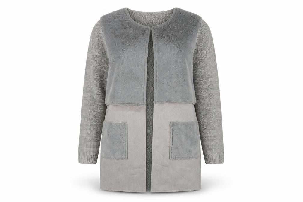 Front view of Roman Women Grey, size 14, Faux Fur Trim Knit Longline Cardigan