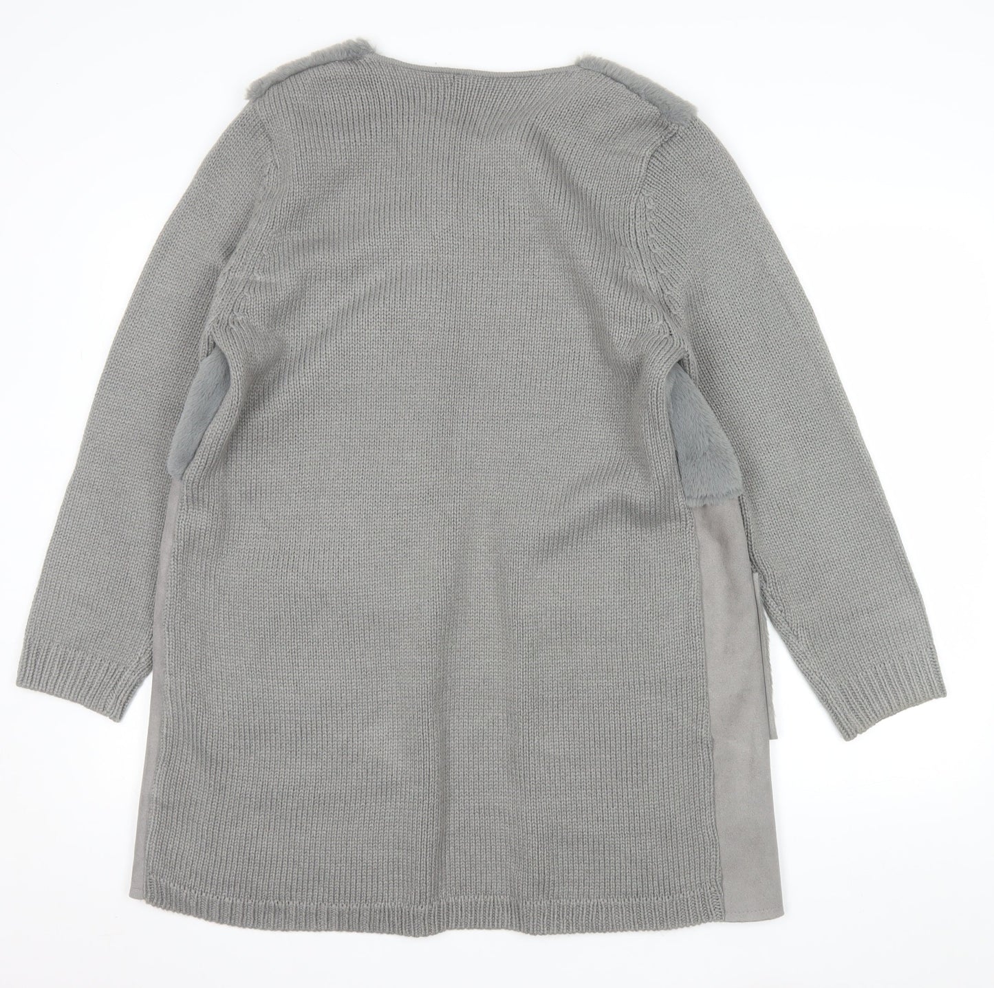 Roman Women Grey Size 14 Faux Fur Trim Knit Longline Cardigan