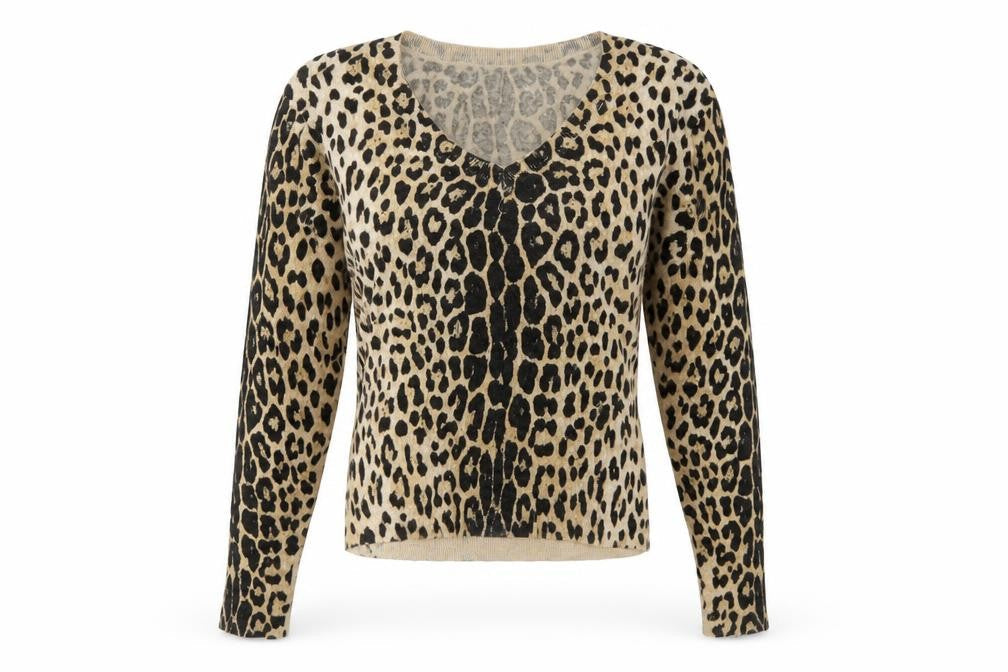 Warehouse Women’s Beige Leopard Print Knit V-Neck Long Sleeve Top Size S