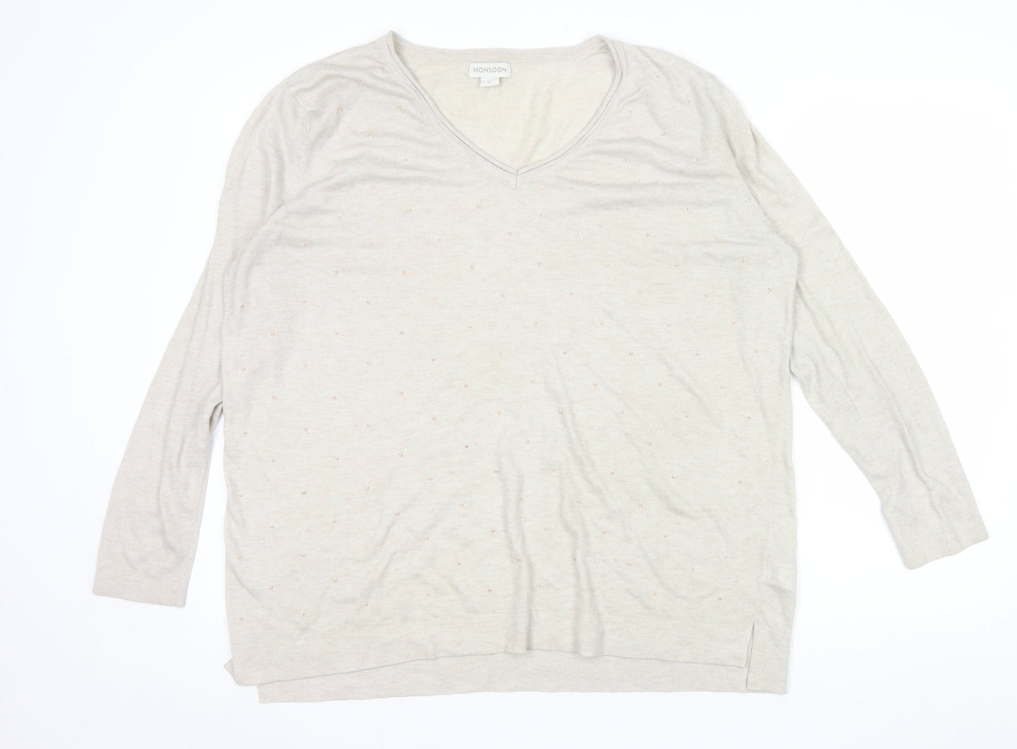 Monsoon Women Beige V-Neck Wool Blend Lightweight Jumper XL