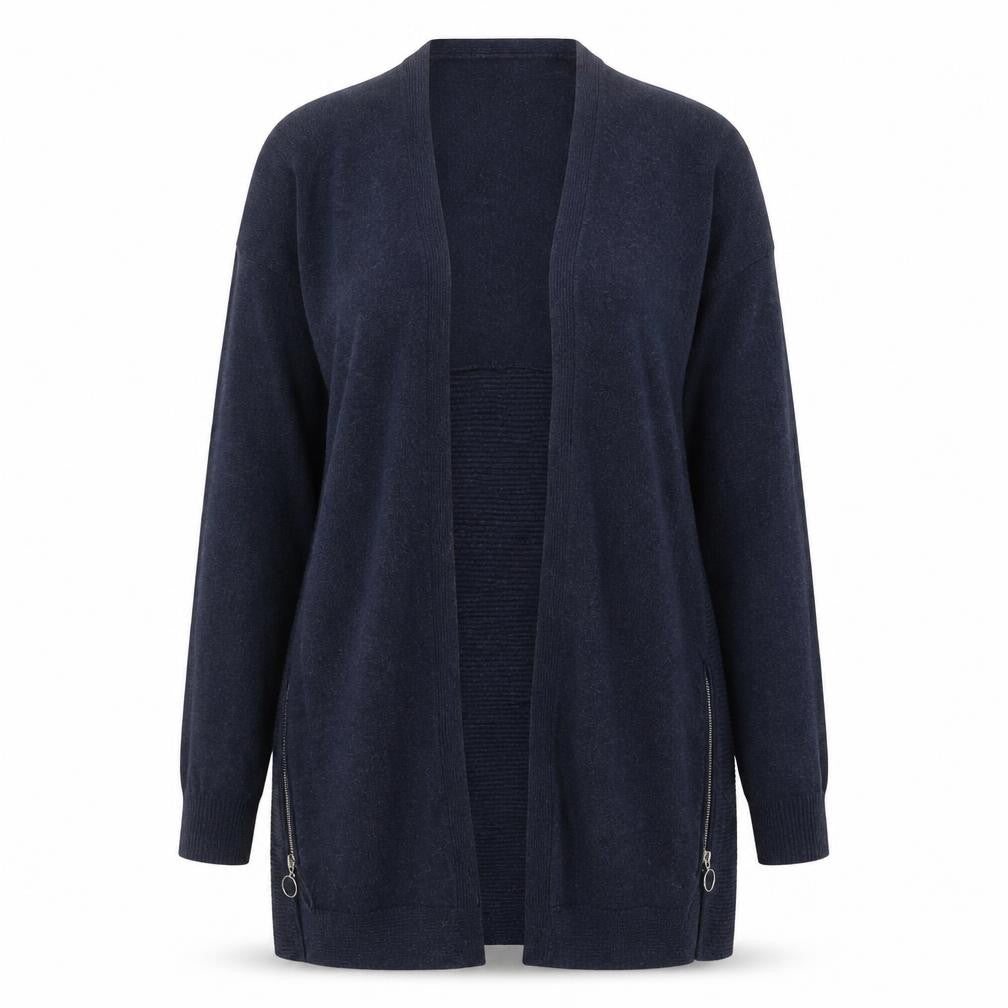Front view of Red Herring women’s navy longline cardigan, size UK 10, open front zip detail