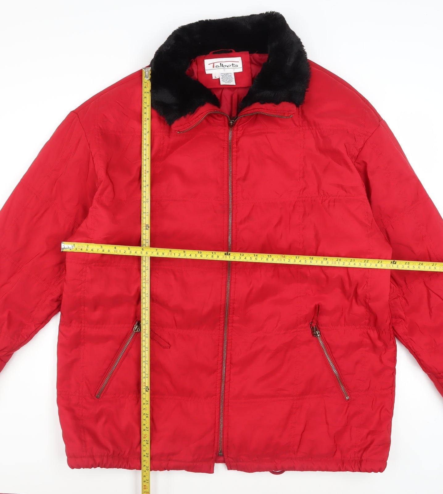 Talbots Women Red Faux Fur Collar Puffer Jacket Lined L Size