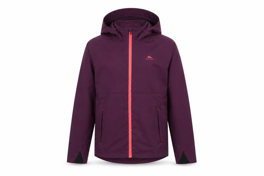 Front view of Quechua girls’ purple waterproof hooded rain coat jacket 14-15 years