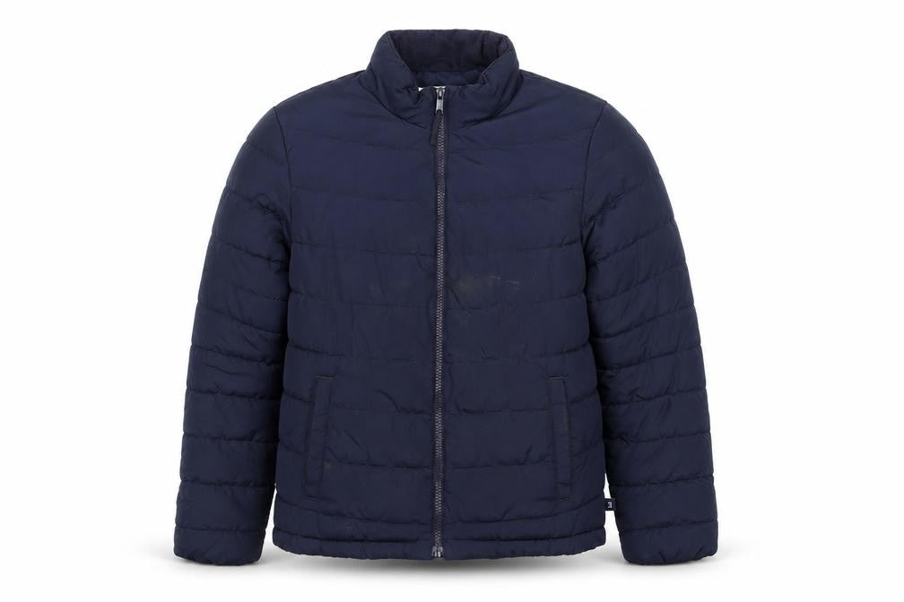 Front view of Gap boys’ blue winter puffer jacket, size 16, years lined water resistant zip