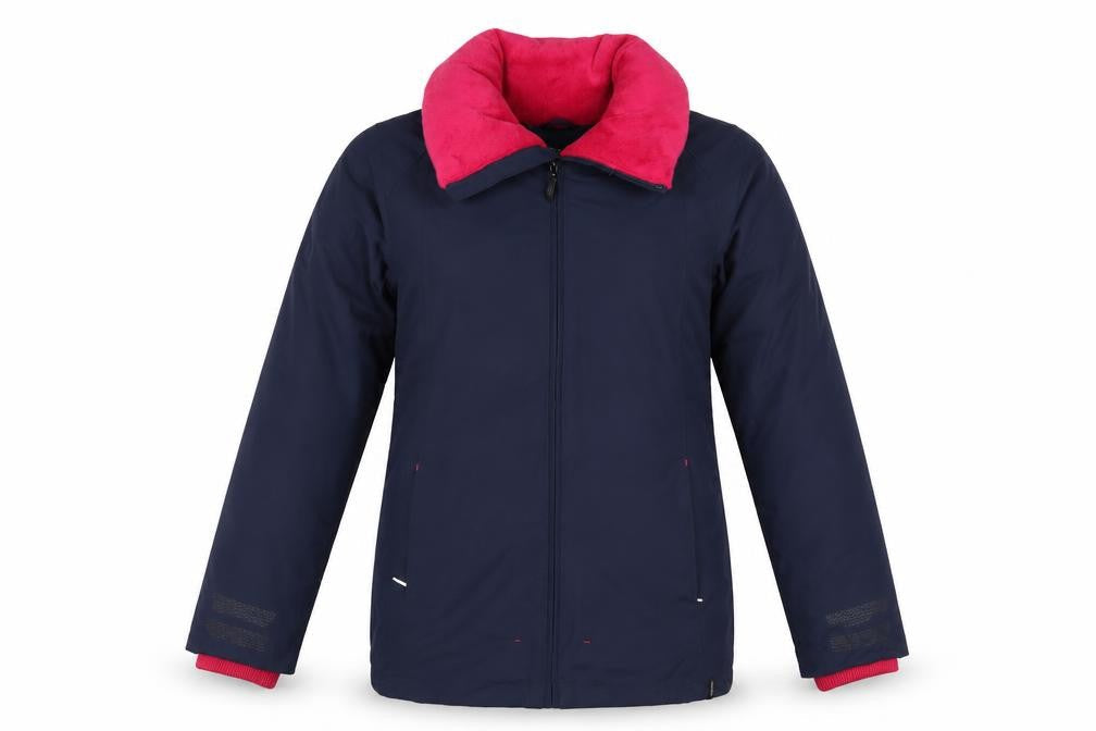 Front view of Fouganza girls’ blue winter riding jacket 14 years lined water resistant