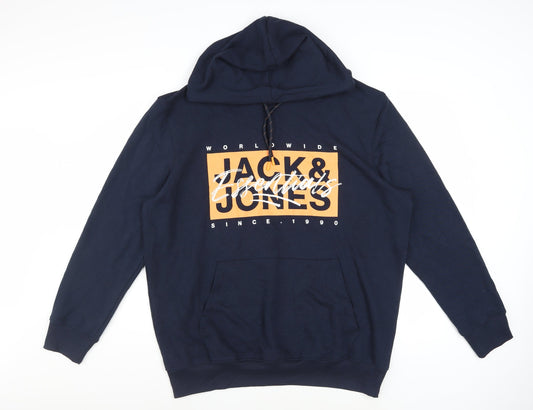 Jack & Jones Men’s Blue Pullover Hoodie XL Logo Graphic Fleece