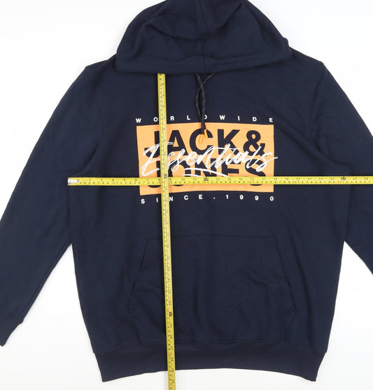 Jack & Jones Men’s Blue Pullover Hoodie XL Logo Graphic Fleece