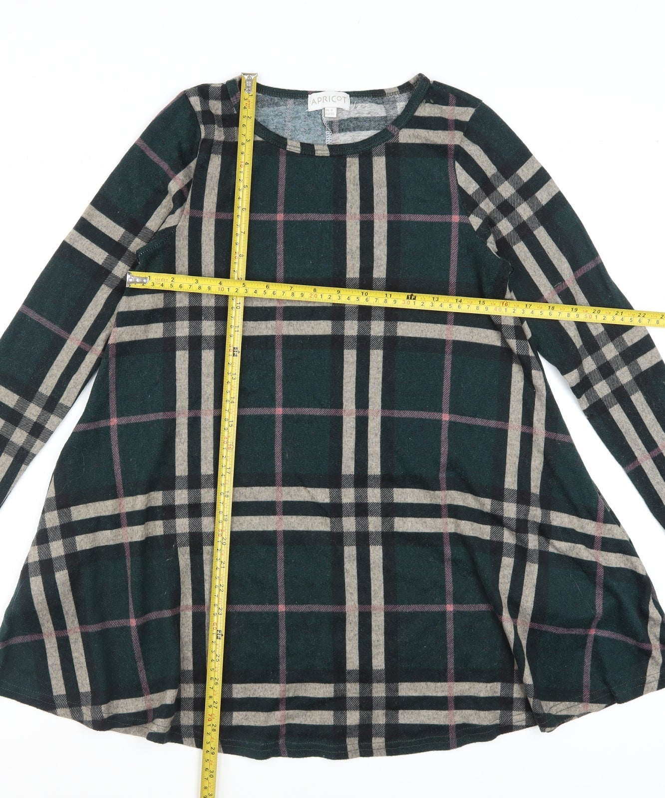 Apricot Women Green Check Shift Dress UK 8 Long Sleeve Casual