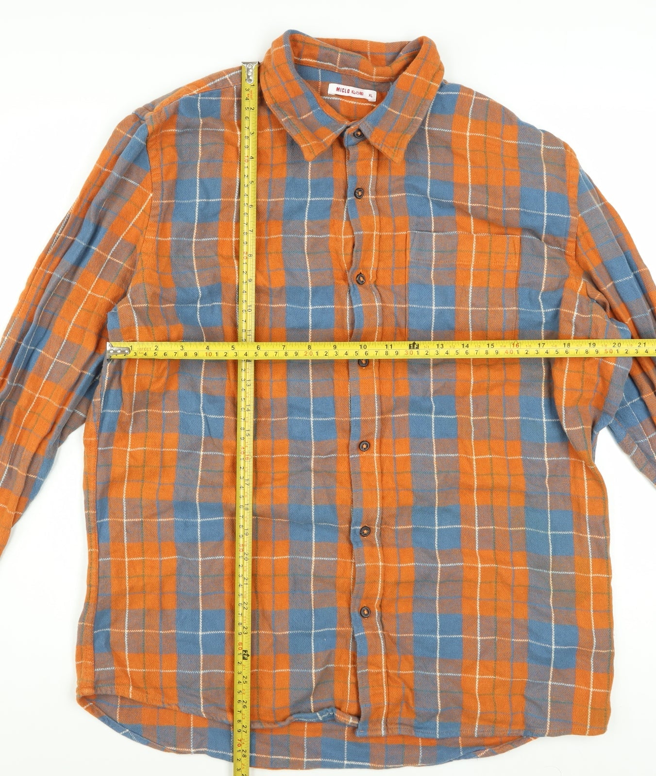 MICLO Men's Orange Blue Check Flannel Cotton Long Sleeve Shirt XL