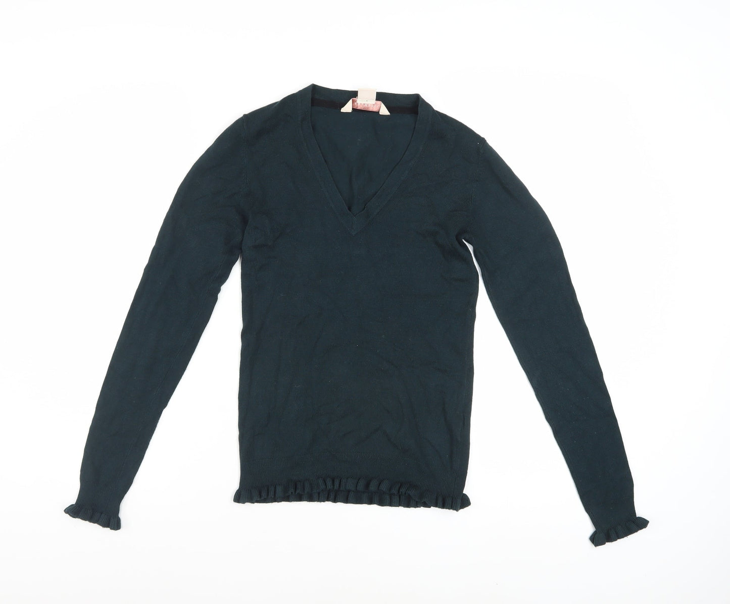 Mauvette Women Black V-Neck Long Sleeve Ruffle Knit Jumper Size 8