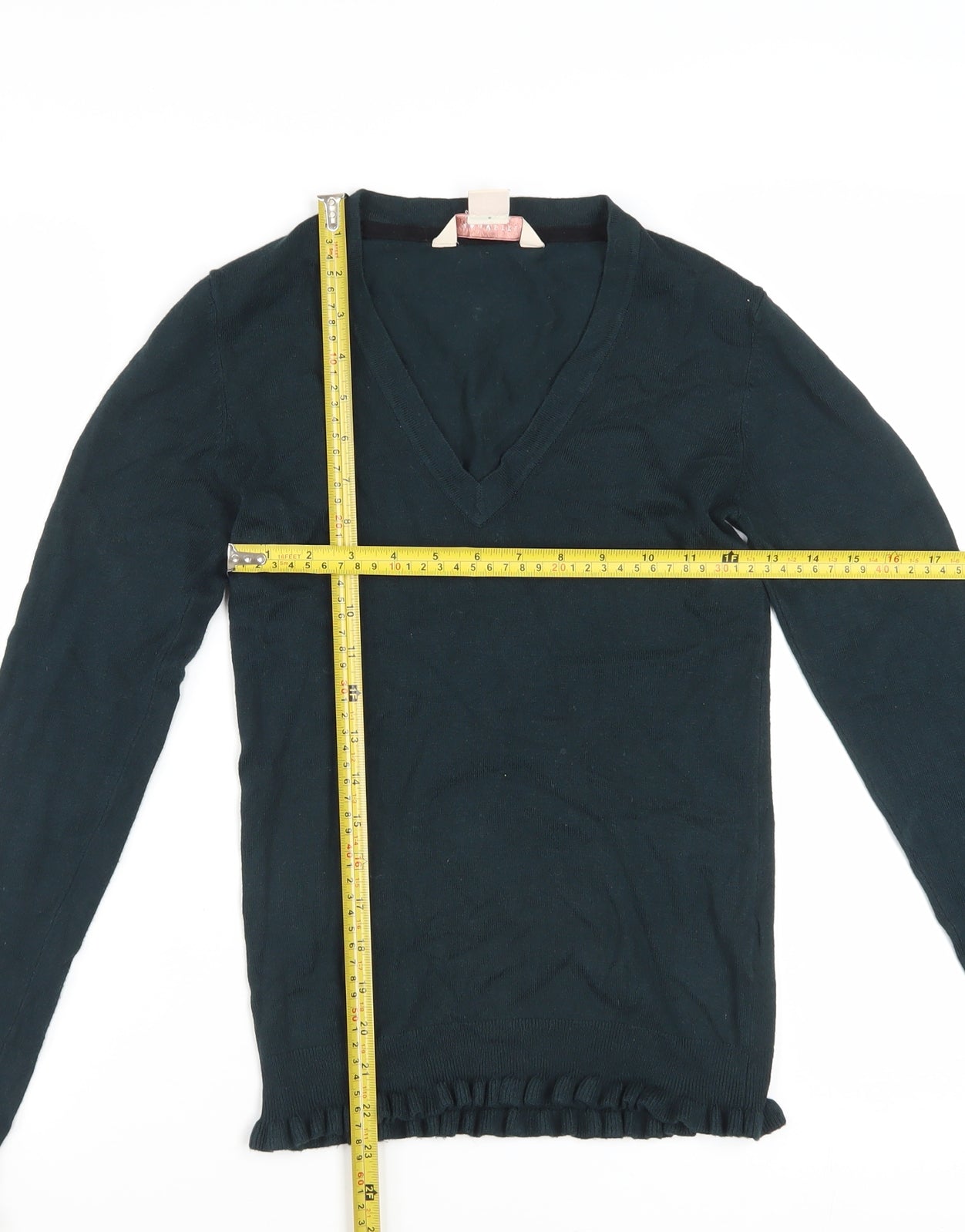 Mauvette Women Black V-Neck Long Sleeve Ruffle Knit Jumper Size 8