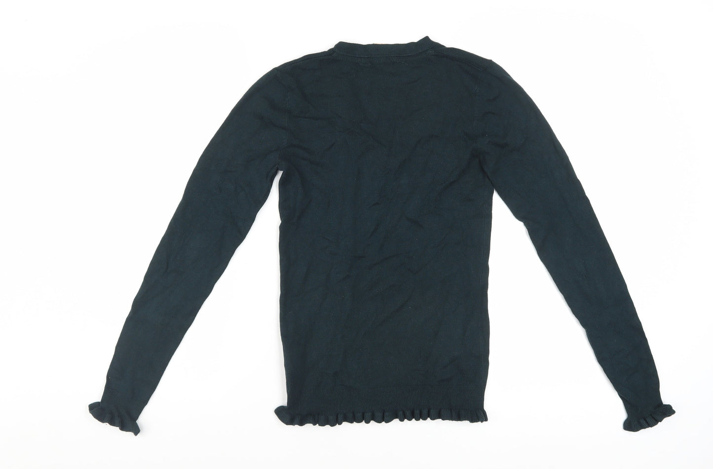 Mauvette Women Black V-Neck Long Sleeve Ruffle Knit Jumper Size 8