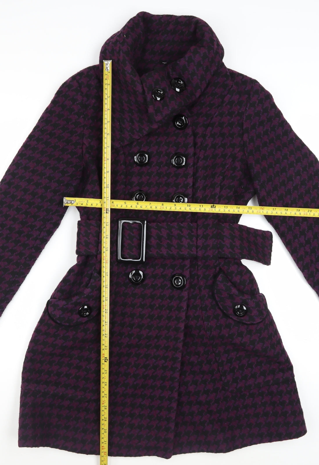 Miss Sixty Womens Purple Houndstooth Belted Wool Blend Pea Coat M