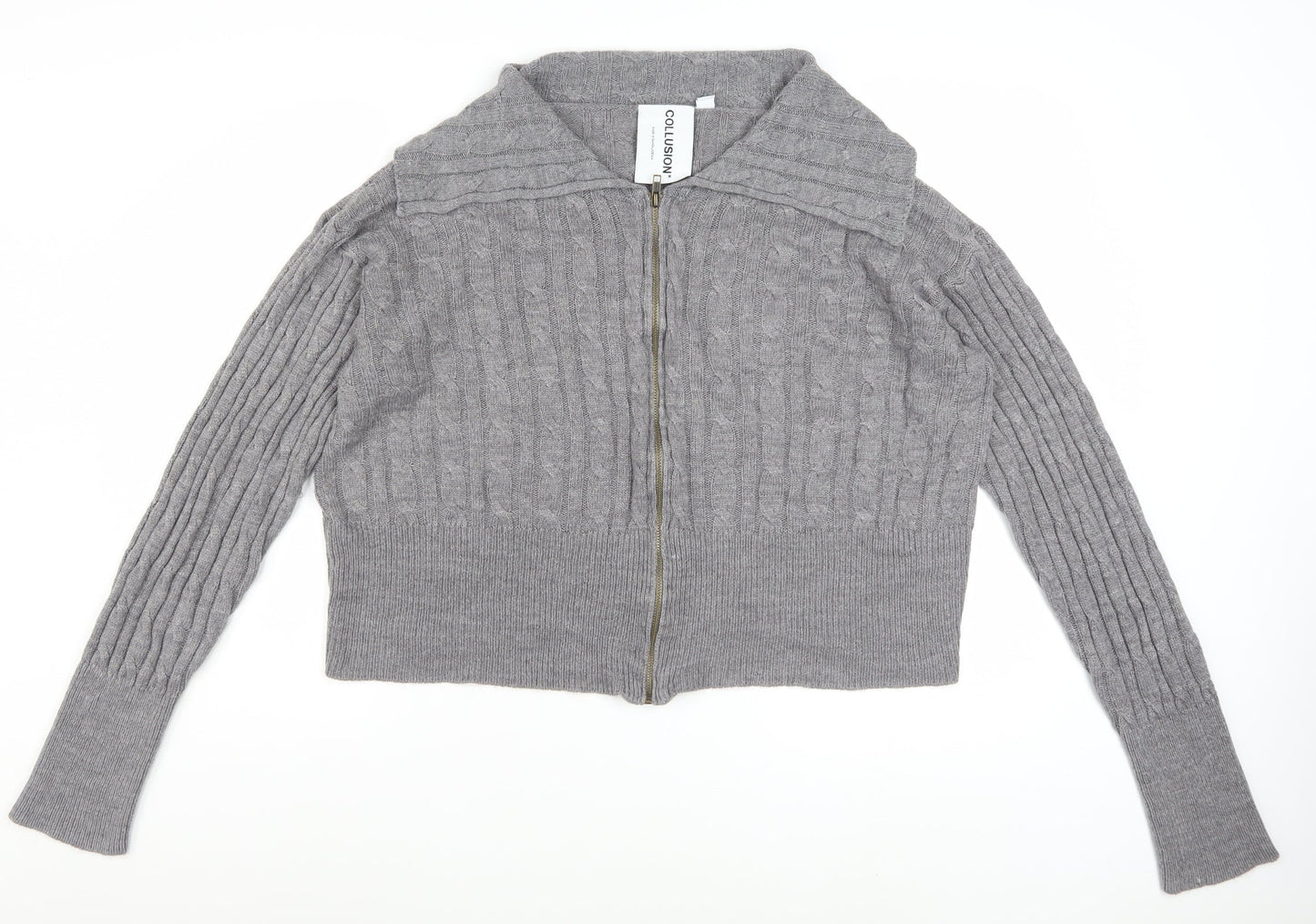Collusion Women's Grey Cable-Knit Full Zip Collared Jumper UK 22