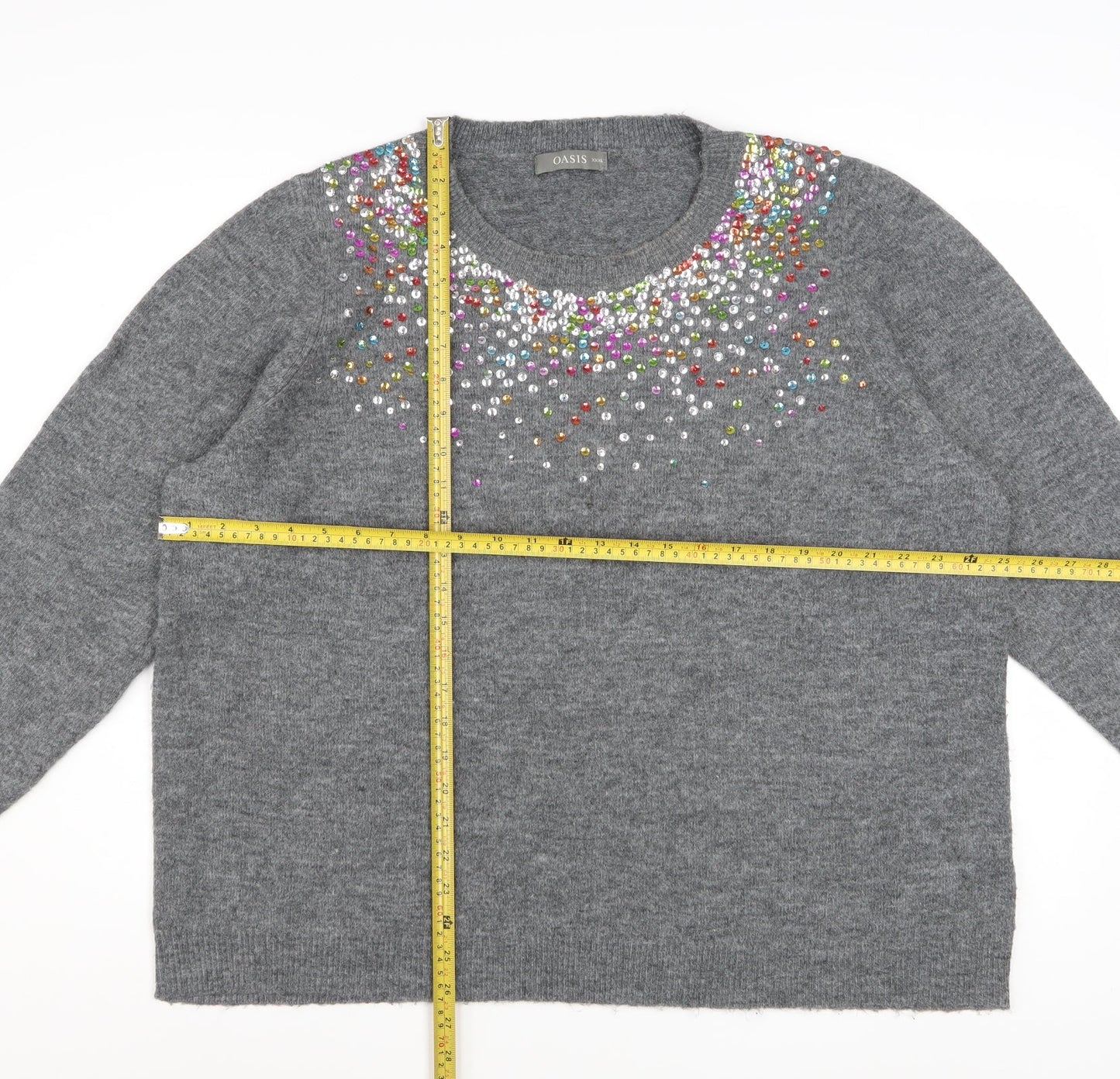 Oasis Women's Grey Beaded Crew Neck Knit Jumper 3XL