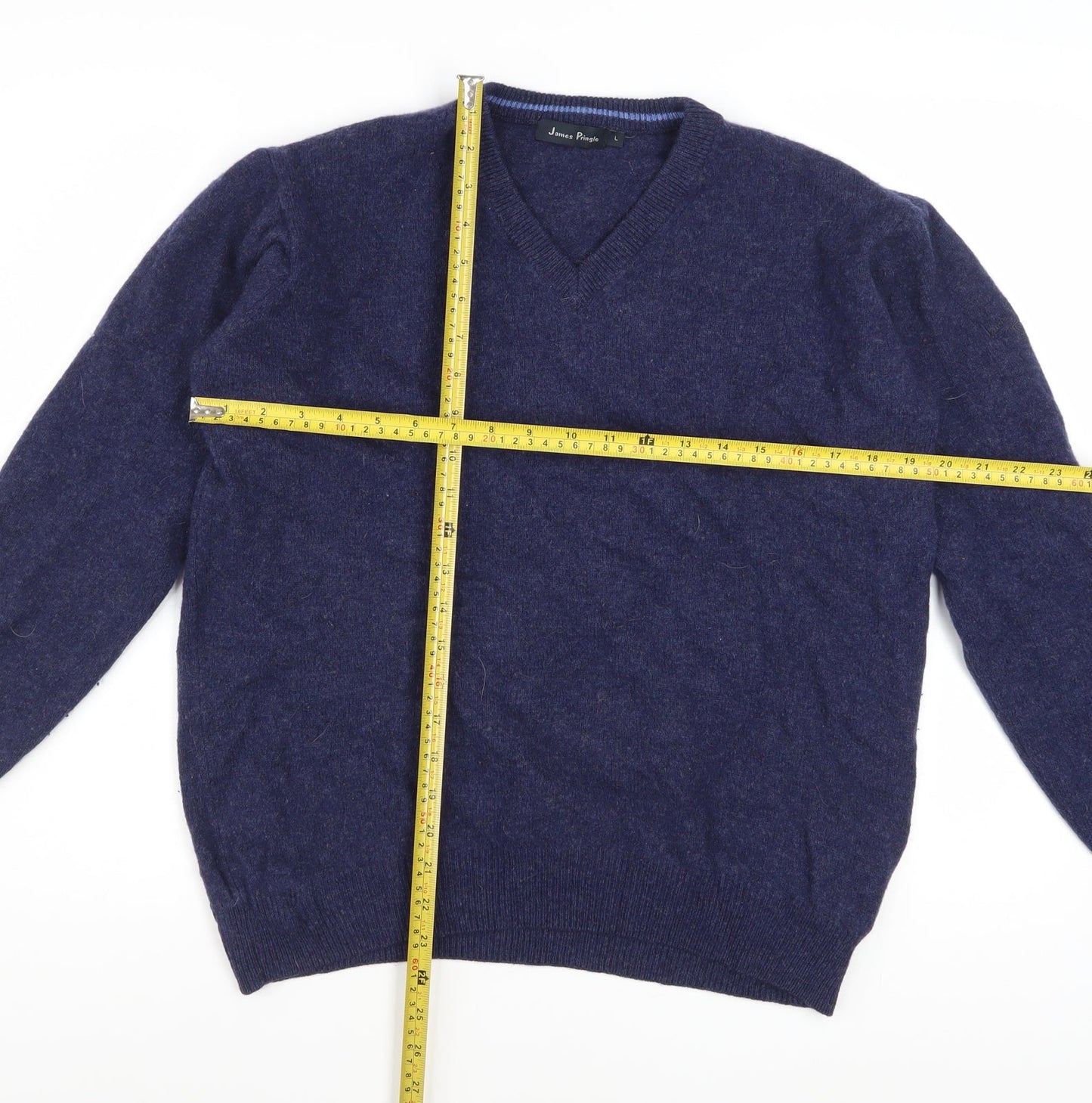 James Pringle Men's Blue Wool V-Neck Jumper Size L Classic Knit