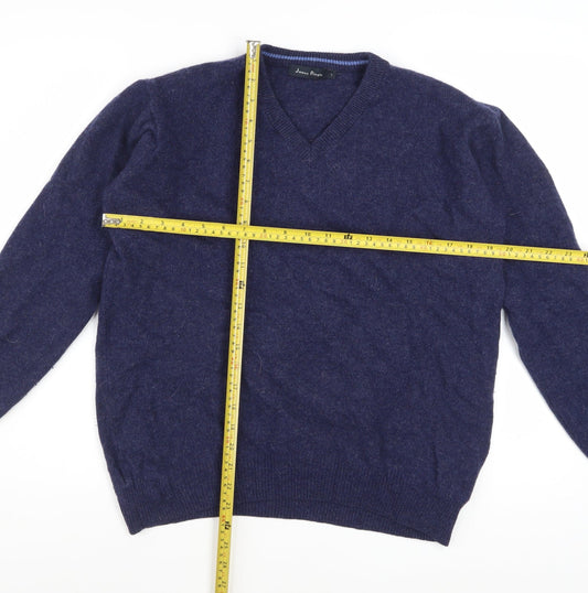 James Pringle Men's Blue Wool V-Neck Jumper Size L Classic Knit