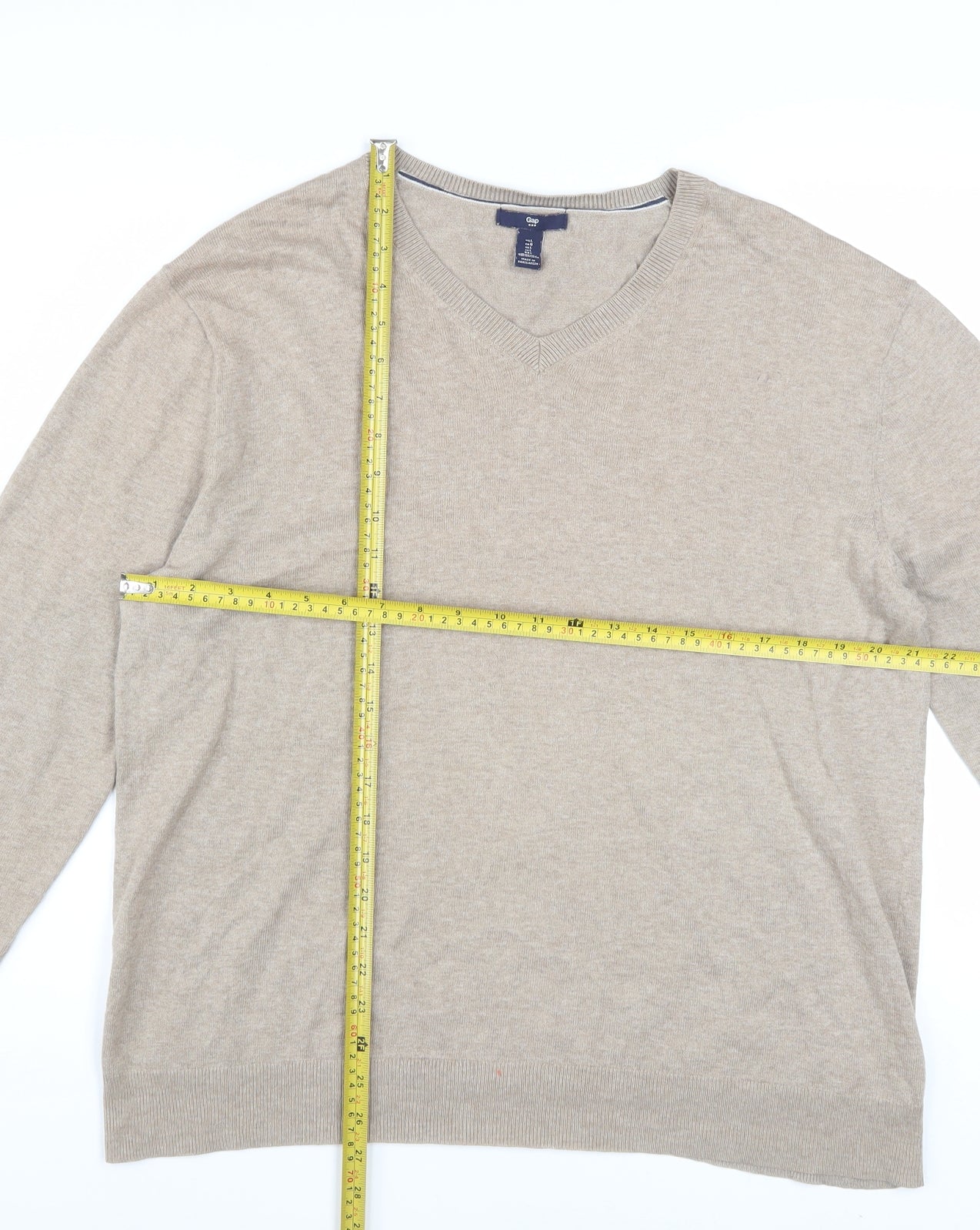 Gap Men’s Beige Cotton V-Neck Jumper Size L Classic Knit