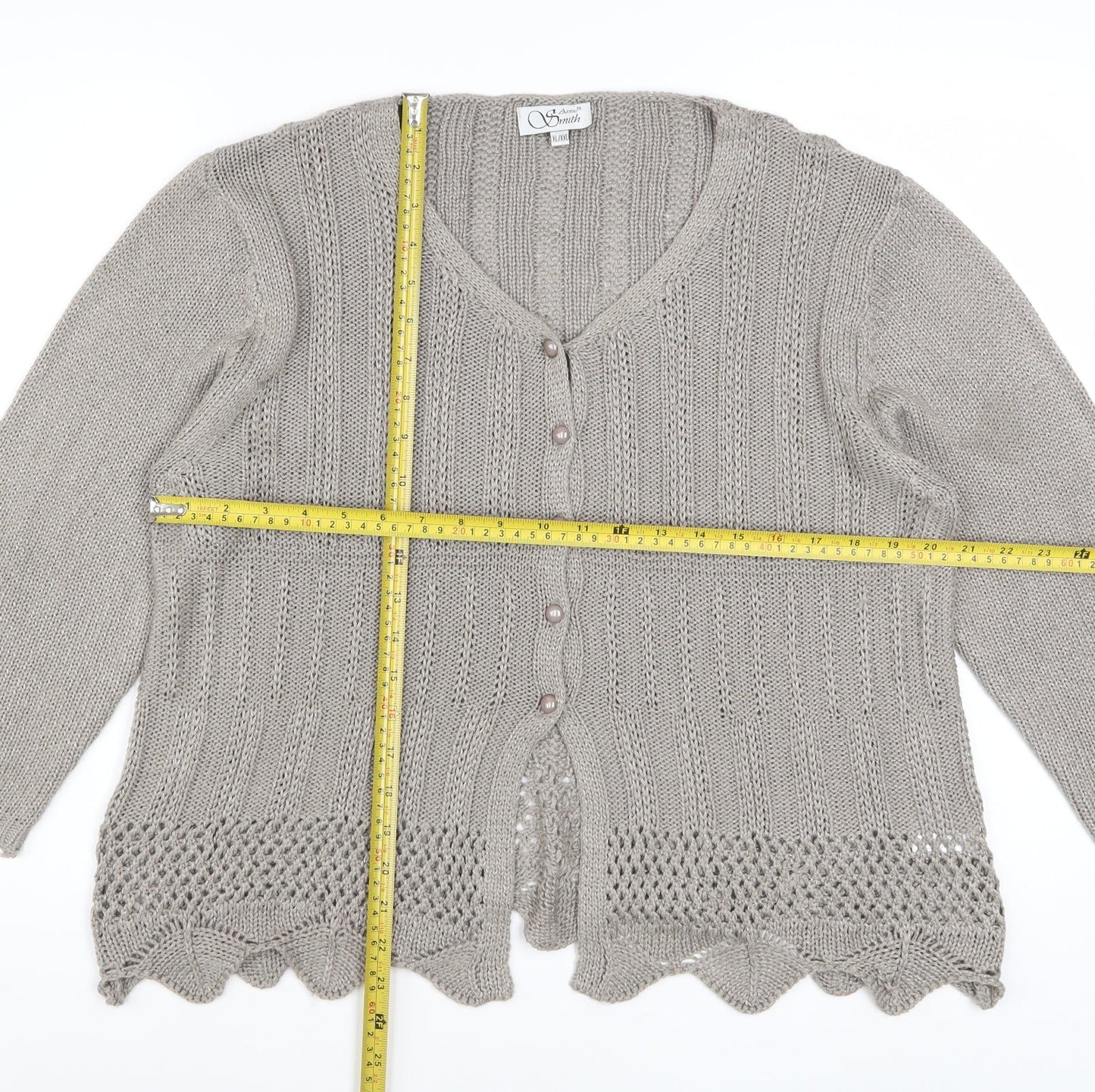 Anne Smith Women’s Beige Crochet Knit Cardigan XL V-Neck