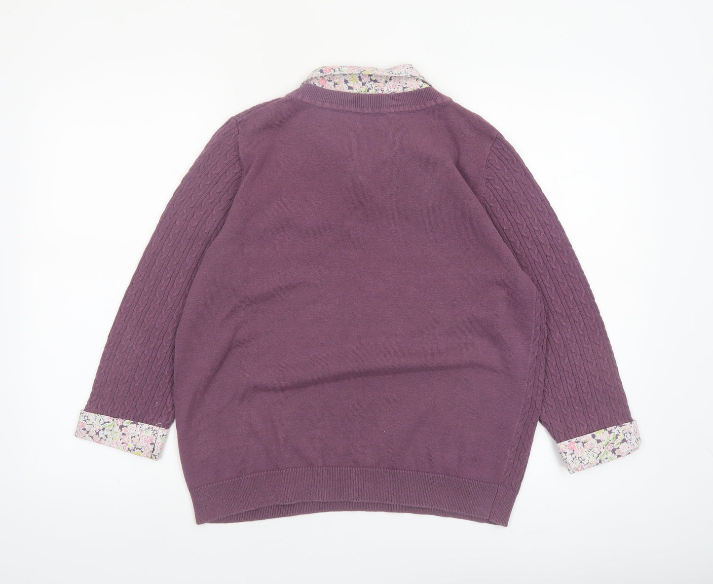 Lakeland Women Purple Cable-Knit Cotton Jumper Size 14 V-Neck