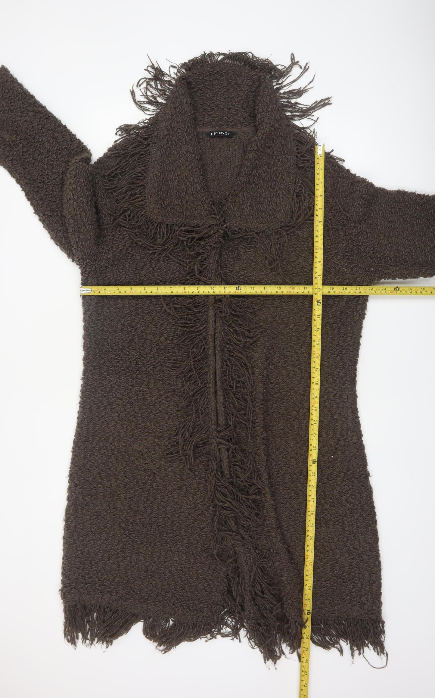 Essence Women's Brown Longline Fringed Knit Cardigan Size 20