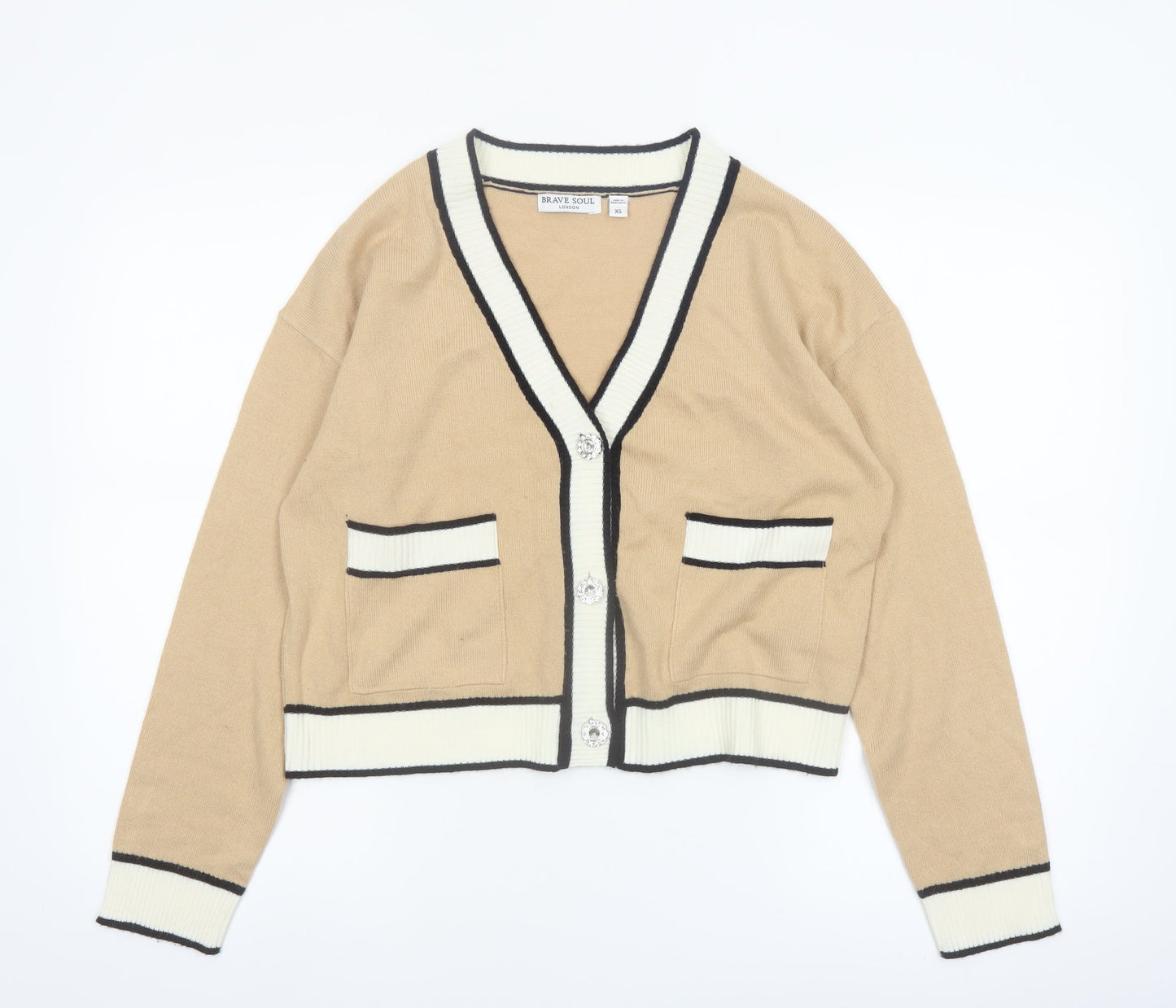 Brave Soul Women Beige Knit V-Neck Button Cardigan XS