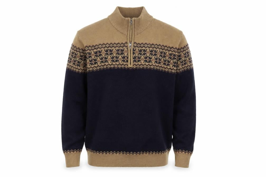 Kensington Eastside Men's Beige Blue Fair Isle Half Zip Jumper XL