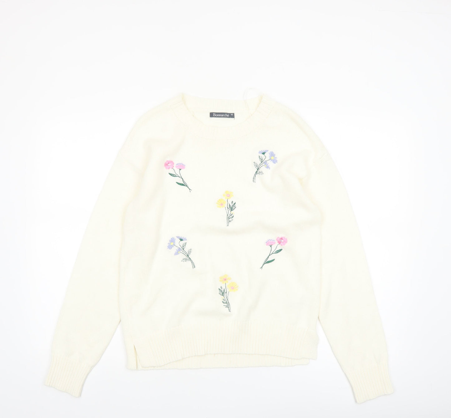 Bonmarché Women Ivory Embroidered Floral Cotton Jumper Size 10