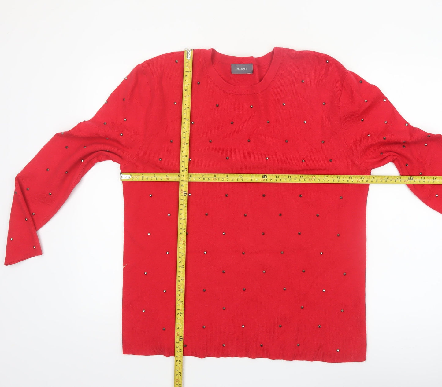 Yessica Women's Red Beaded Crew Neck Knit Jumper Size L