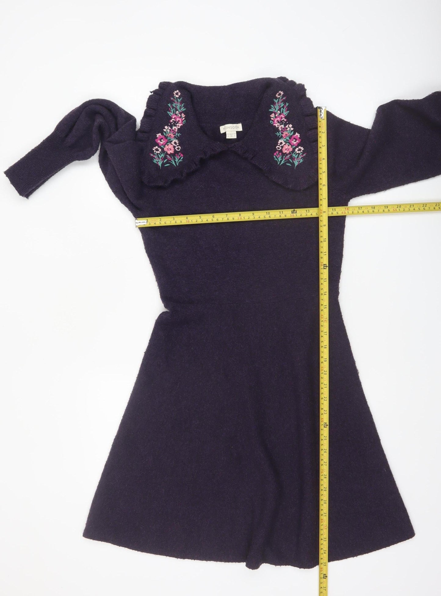 Monsoon Women Purple Fit & Flare Embroidered Knit Dress Size 8