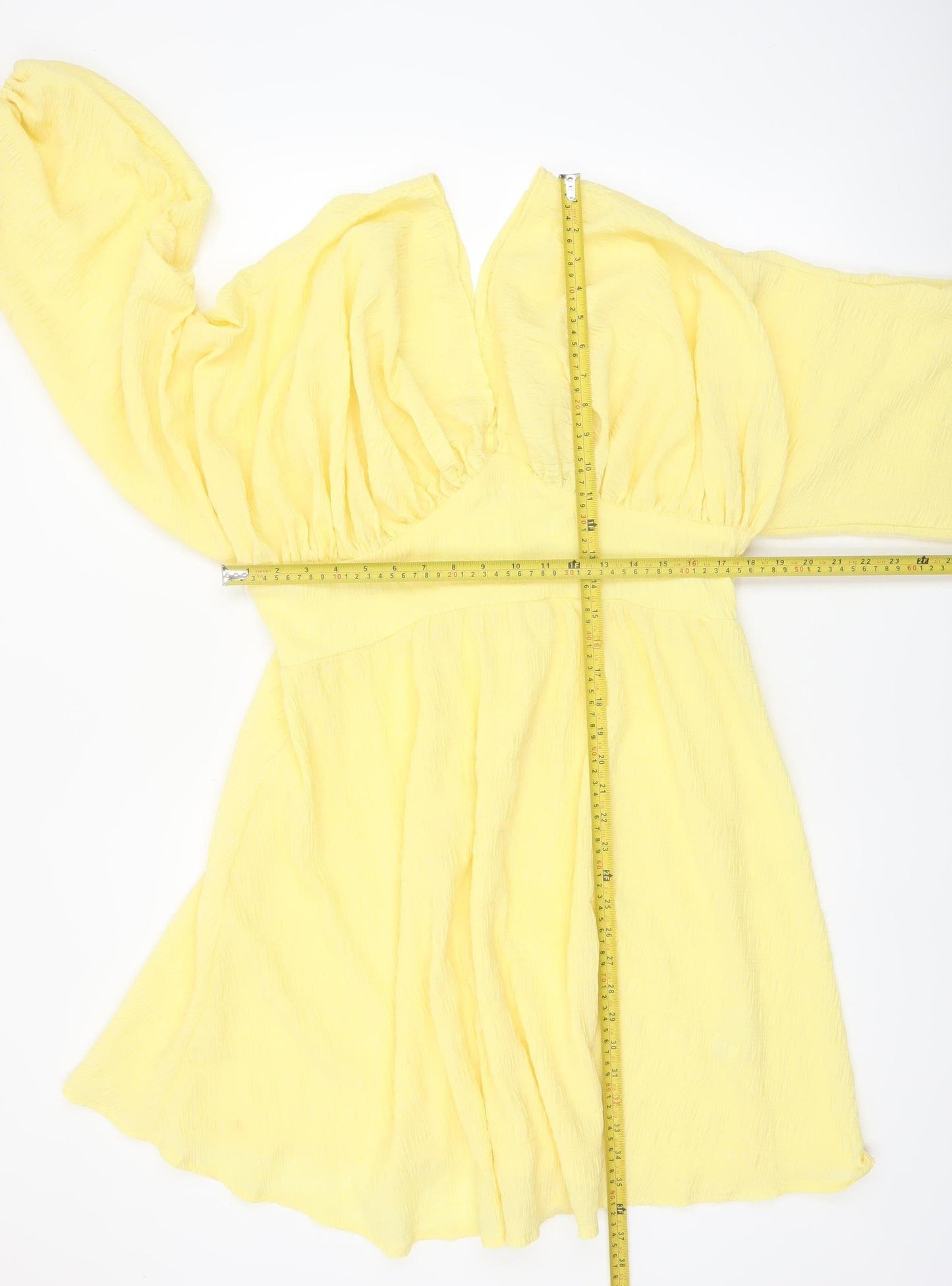 Boohoo Women Yellow A-Line Short Ruched V-Neck Dress Size 14