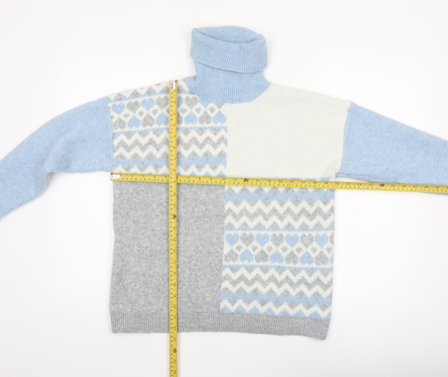 Oasis Women’s Blue Grey Fair Isle Roll Neck Jumper Size S