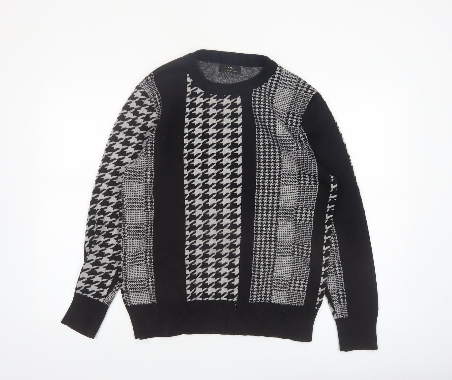 Zara Men's Black Houndstooth Knit Crew Neck Pullover Jumper M