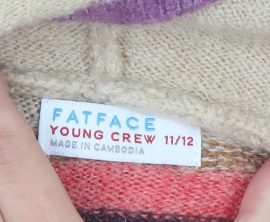FatFace Girls Beige Multicoloured Striped Hooded Pullover Jumper 11-12 Years