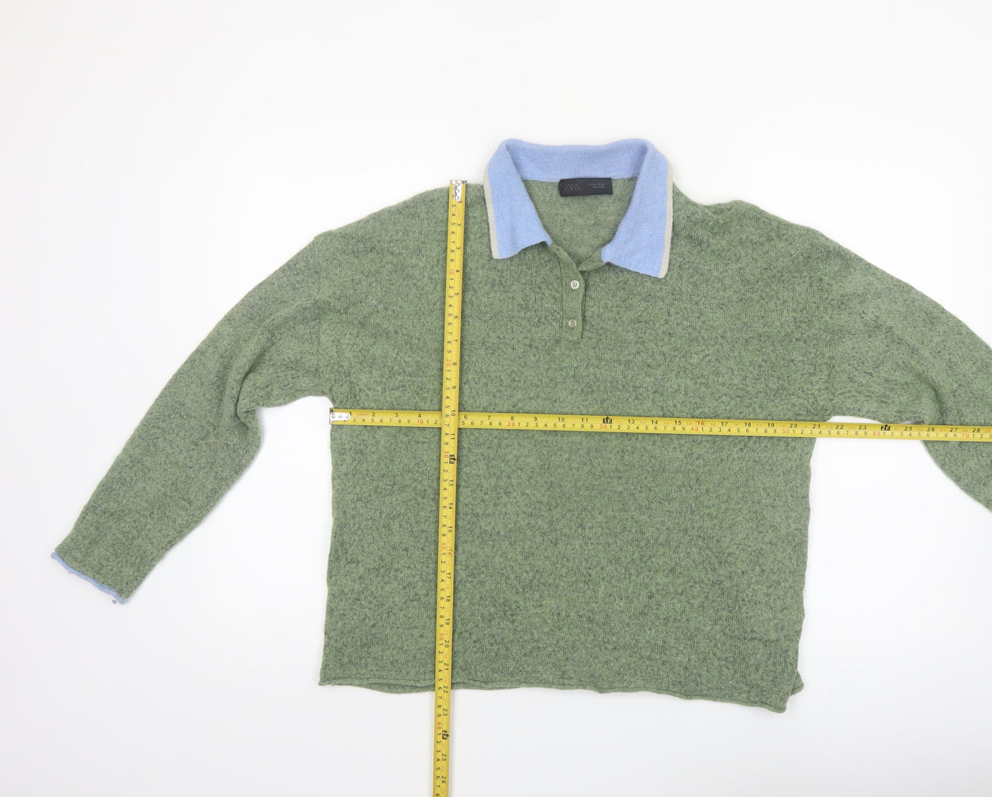 Zara Women's Green Collared Henley Knit Jumper Size L