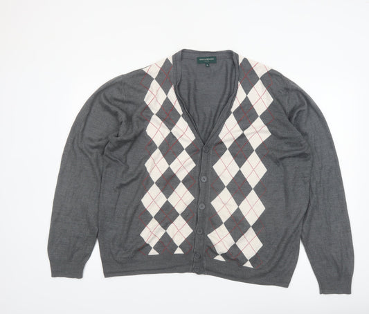 Greenwoods Mens Grey Argyle V-Neck Button Cardigan XL