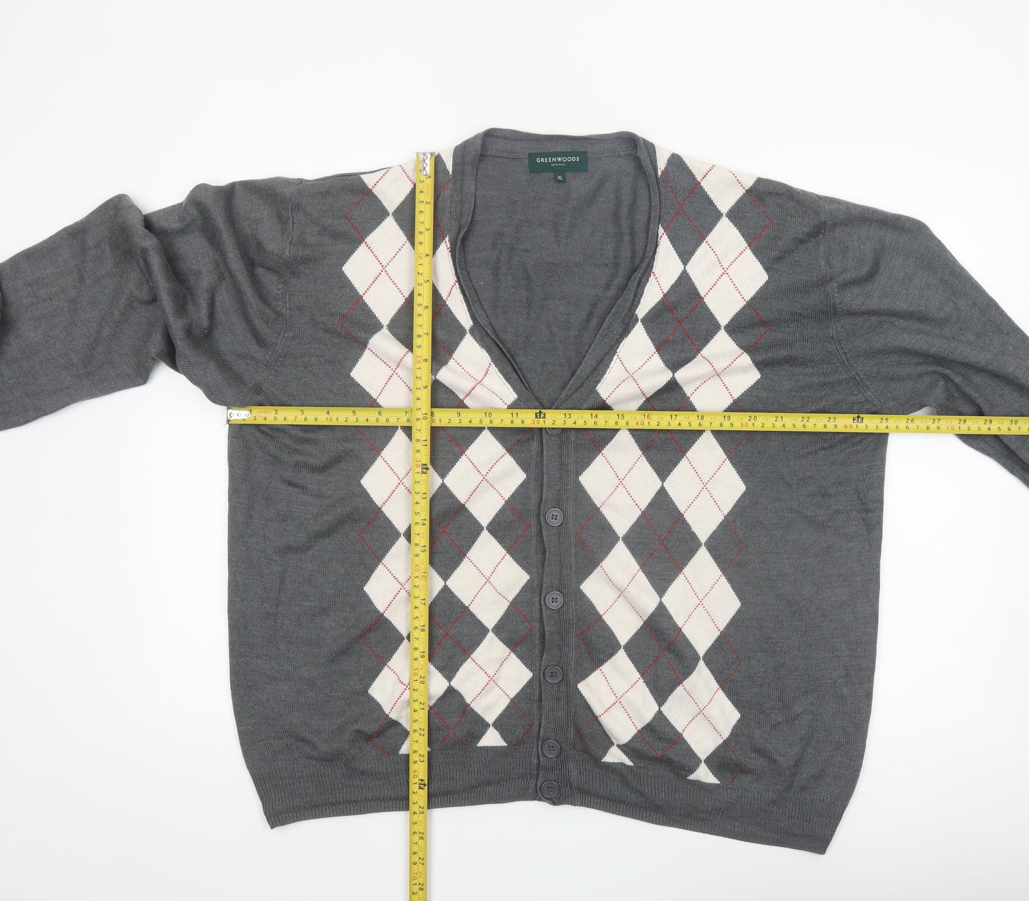 Greenwoods Mens Grey Argyle V-Neck Button Cardigan XL