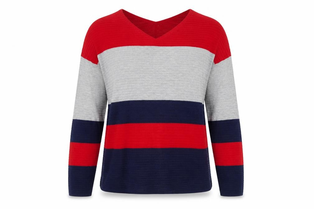 Front view of Oui Women Red Grey Blue Striped V-Neck Knit Jumper, size 14
