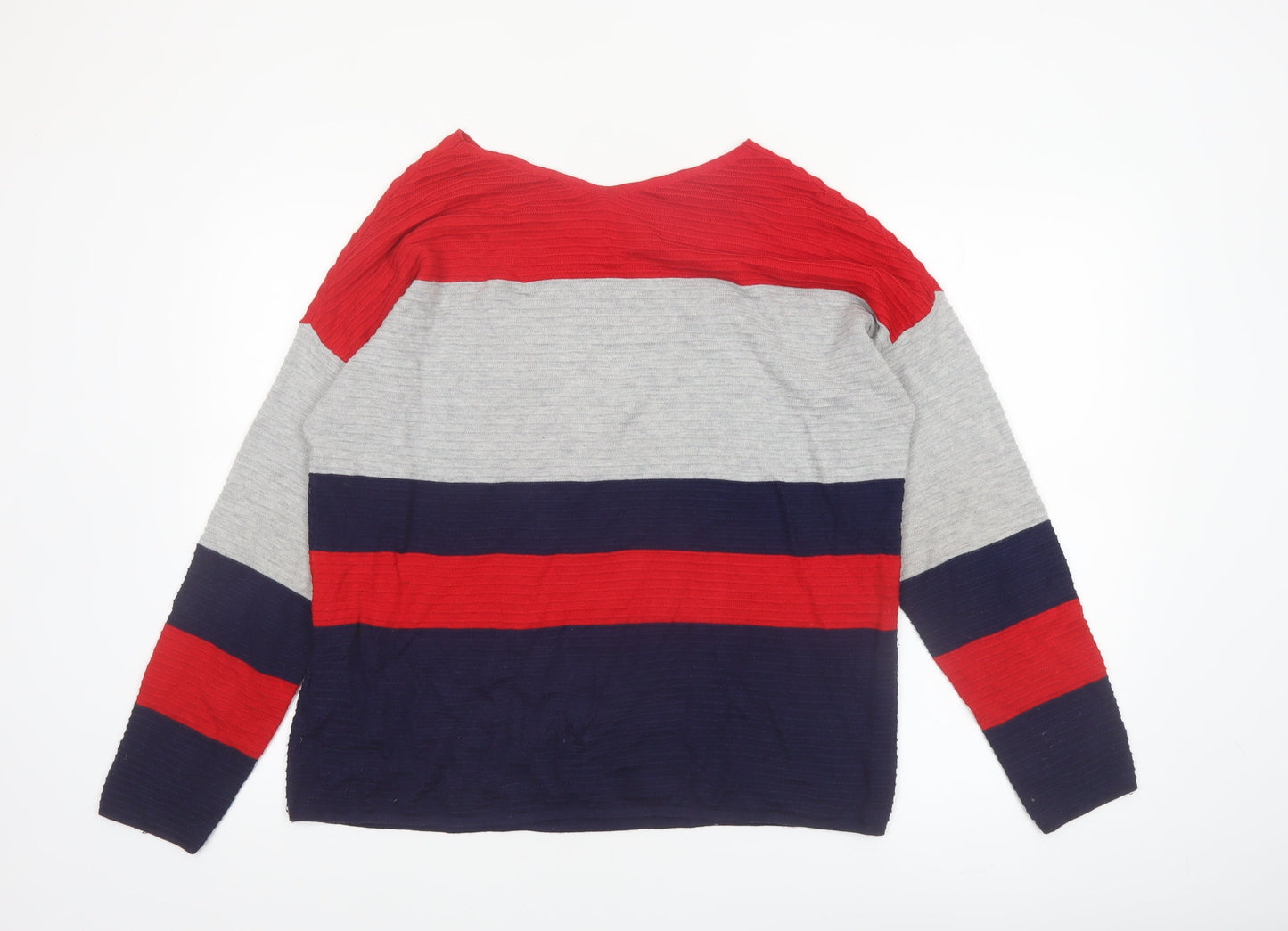 Oui Women Red Grey Blue Striped V-Neck Knit Jumper Size 14