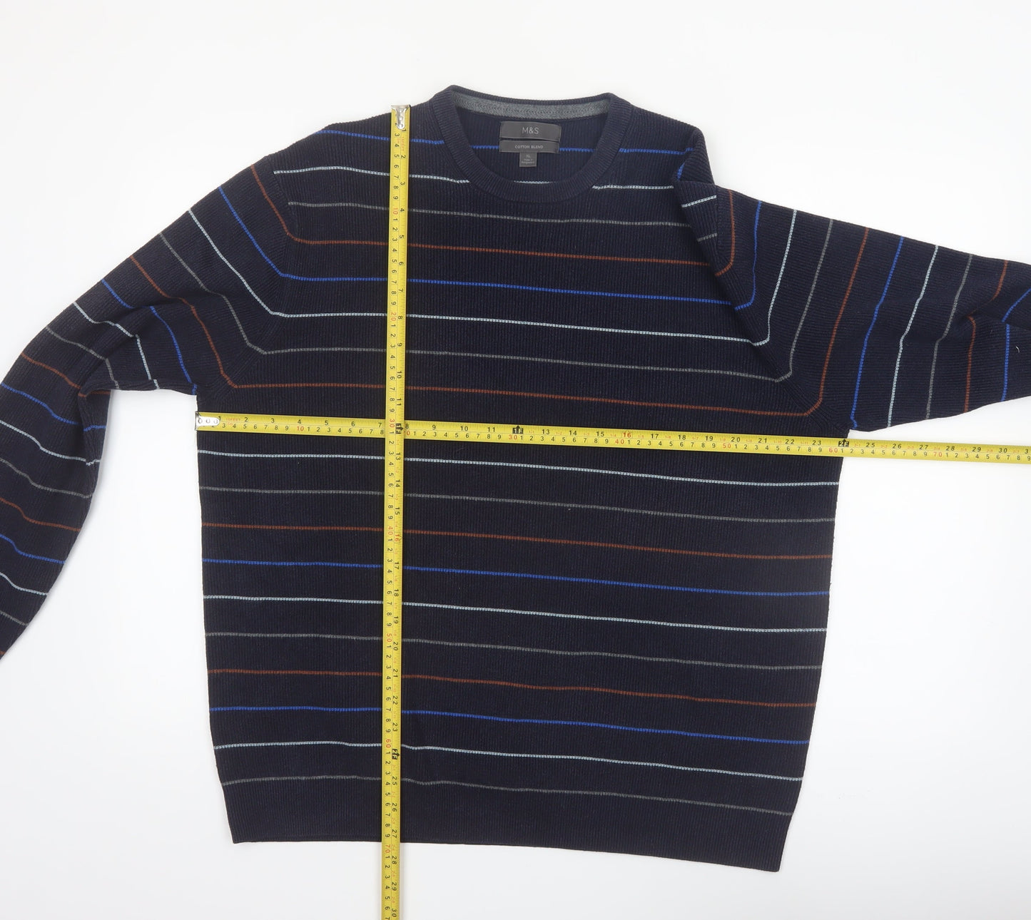 Marks and Spencer Men's Blue Striped Cotton Blend Pullover Jumper XL