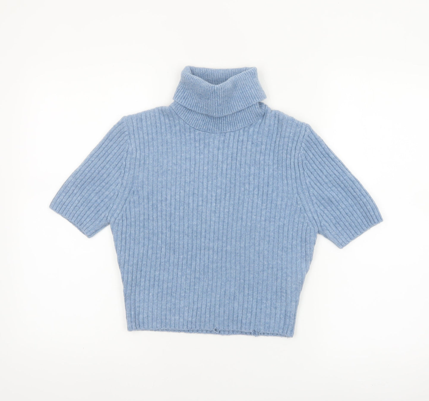 Zara Women Blue Roll Neck Short Sleeve Rib Knit Jumper M