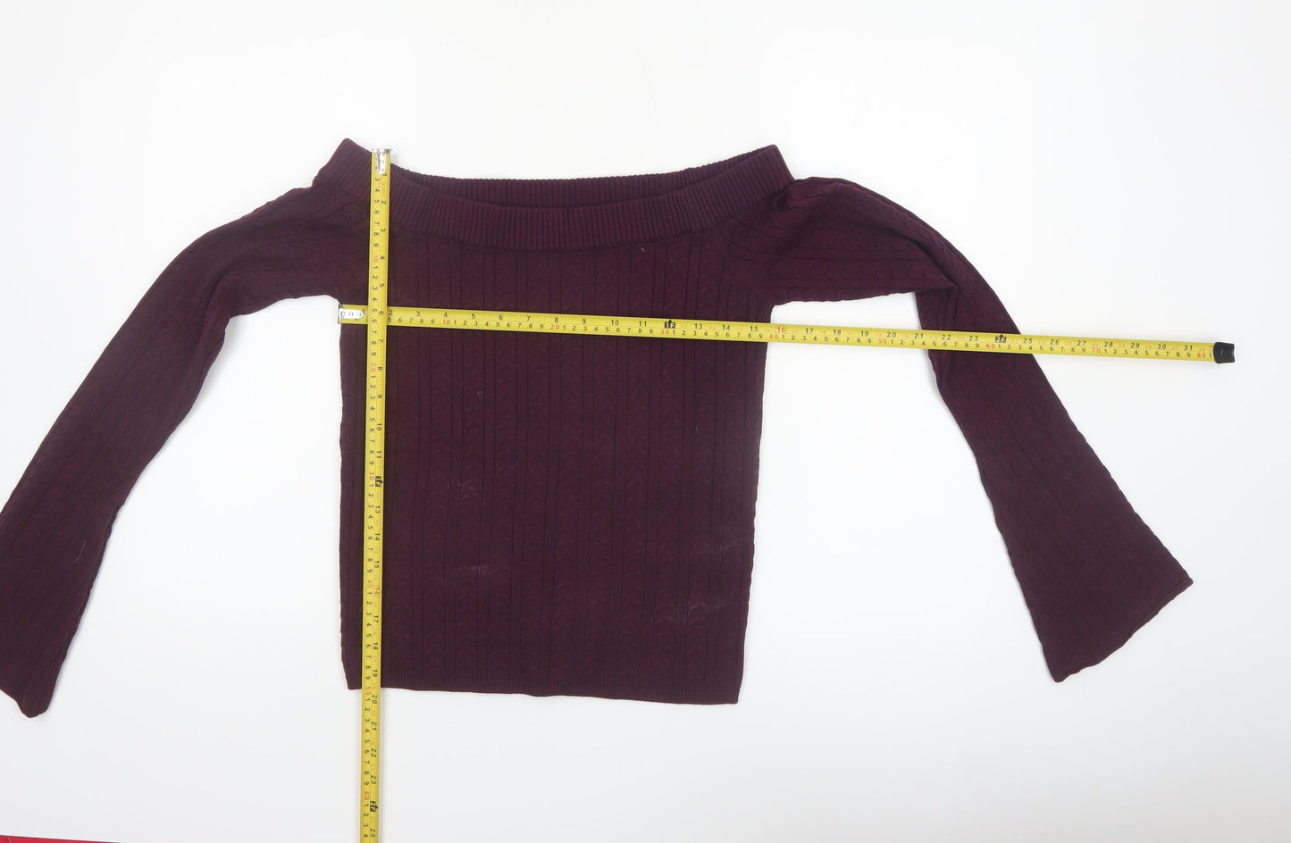 Bershka Womens Purple Cable Knit Off Shoulder Jumper Size 14