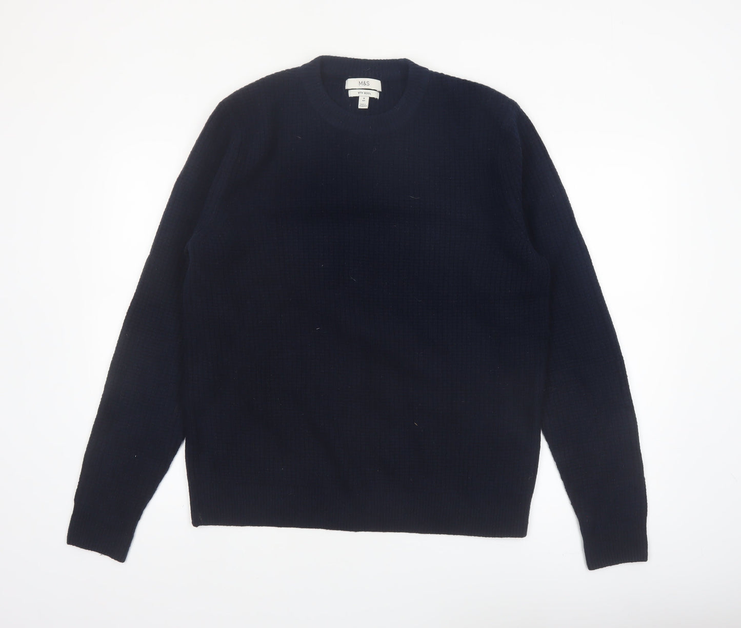 Marks and Spencer Men's Blue Wool Blend Crew Neck Jumper Size M
