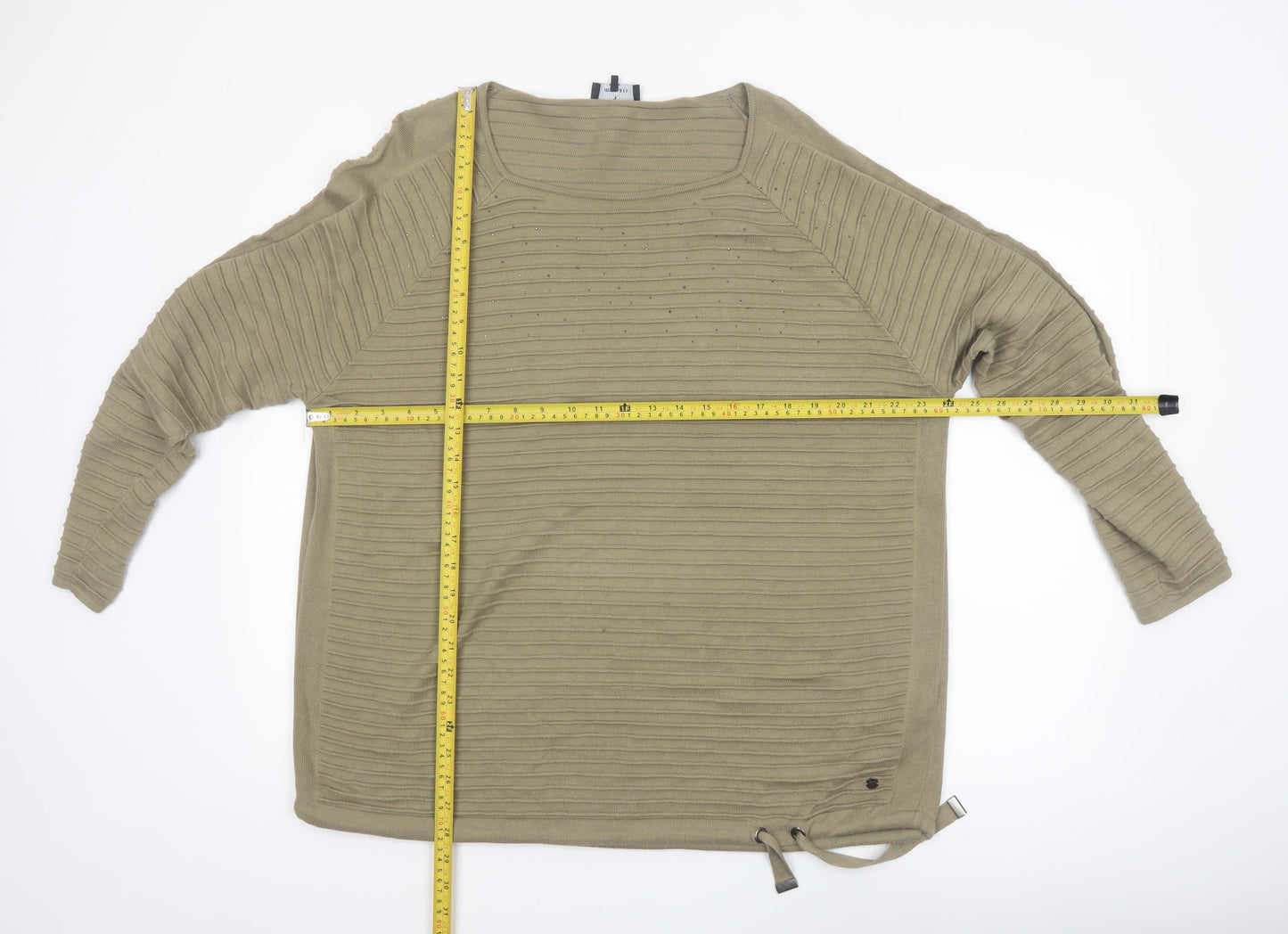 Monari Women’s Beige Ribbed Cotton Jumper Size 16 Boat Neck