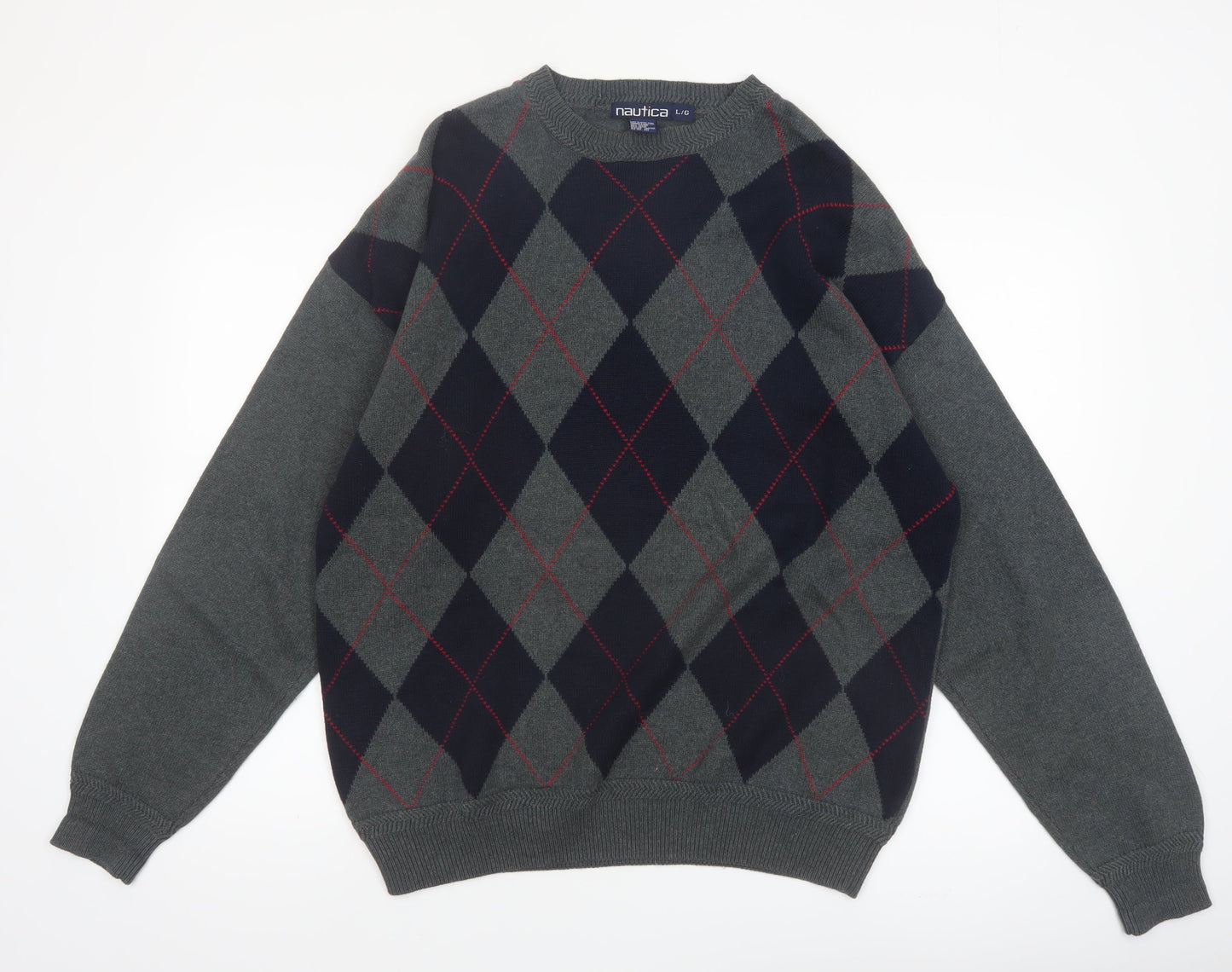 Nautica Men's Grey Argyle Cotton Pullover Jumper Size L