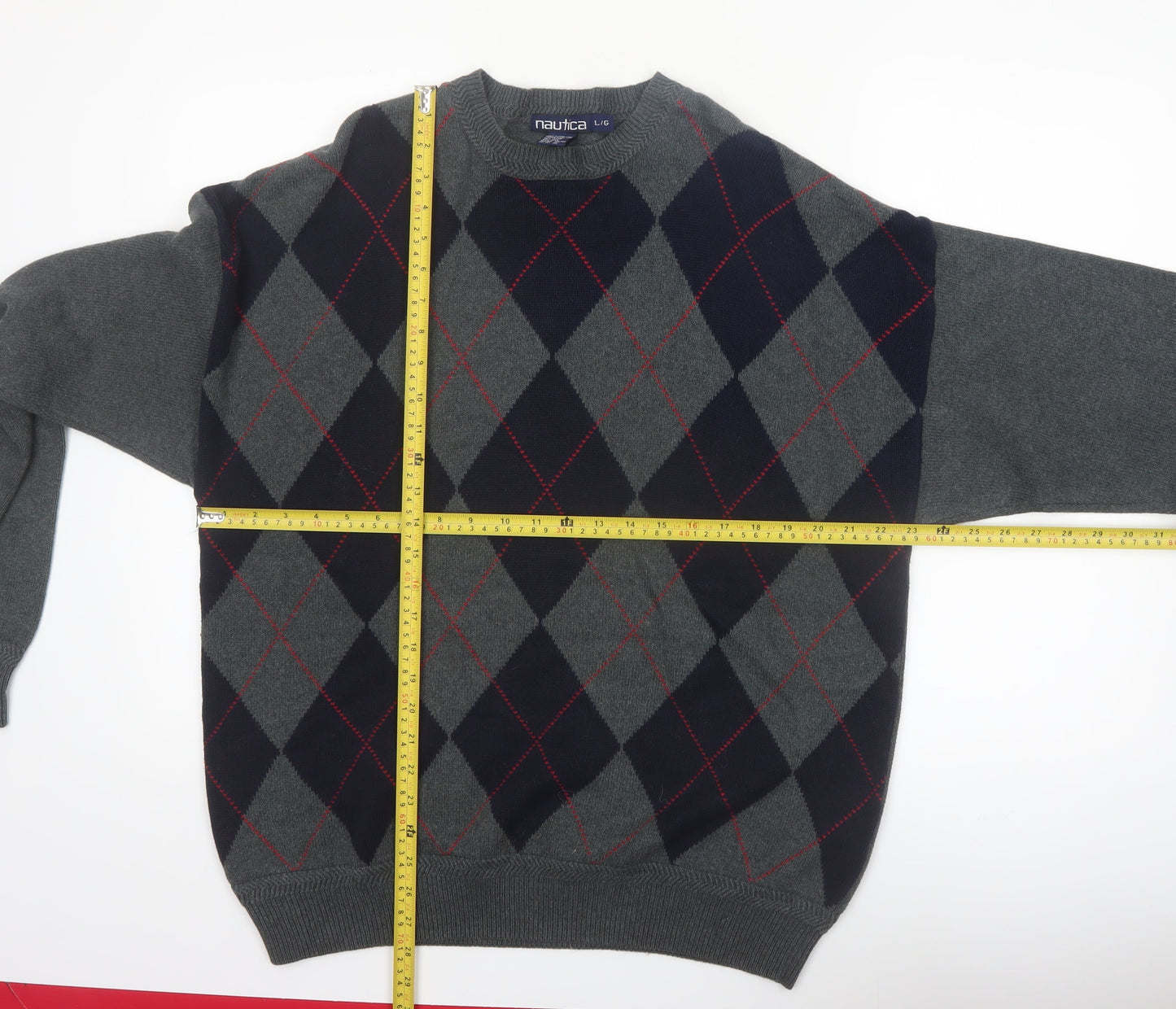 Nautica Men's Grey Argyle Cotton Pullover Jumper Size L