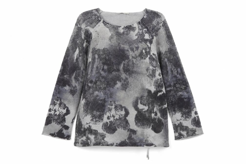 Front view of Monari women’s grey floral beaded jumper, size UK 16