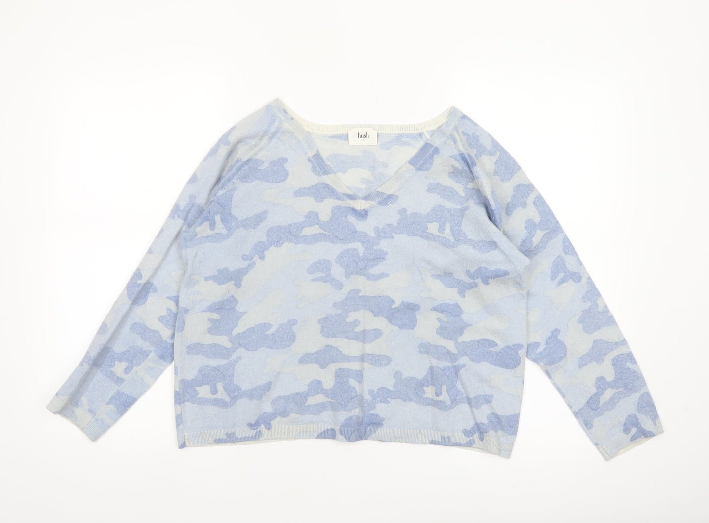 Hush Women’s Blue Camouflage Wool Blend V-Neck Jumper XL